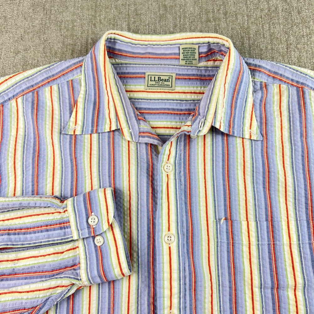 LL Bean Seersucker Button Down Mens Large Tall Multicolor Striped Cotton Shirt